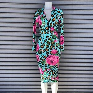 Kimcine Curve Long Sleeve Floral leopard Print Deep V Zip Dress Size M